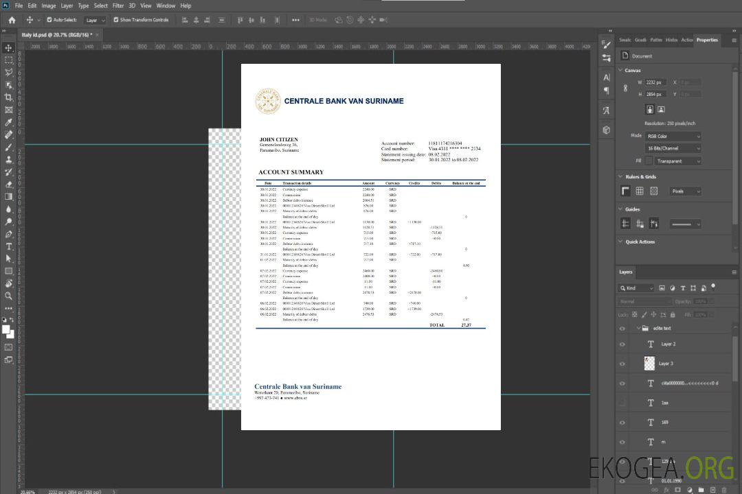 Modèle de relevé bancaire de Suriname Centrale Bank Van Suriname au format Word et PDF template
